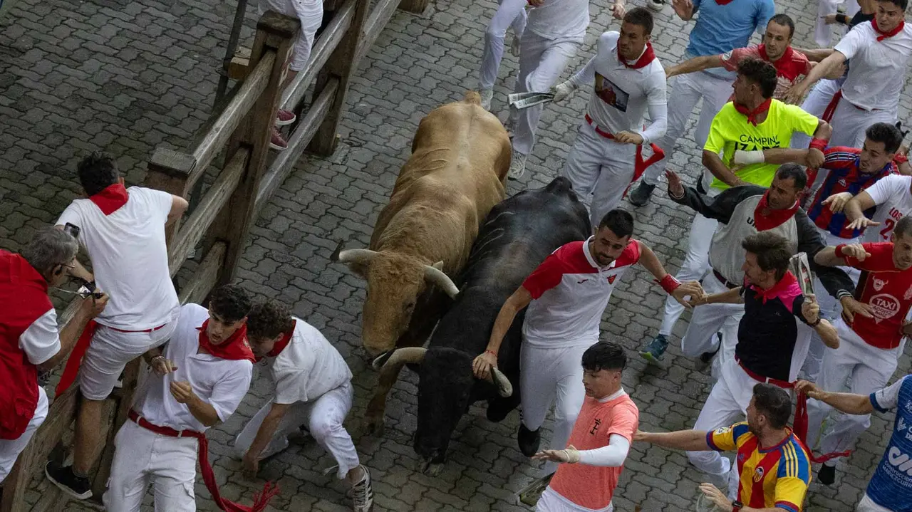 Quinto encierro de San Fermín con toros de Jandilla en bajada del callejón. Maite H. Mateo..-19