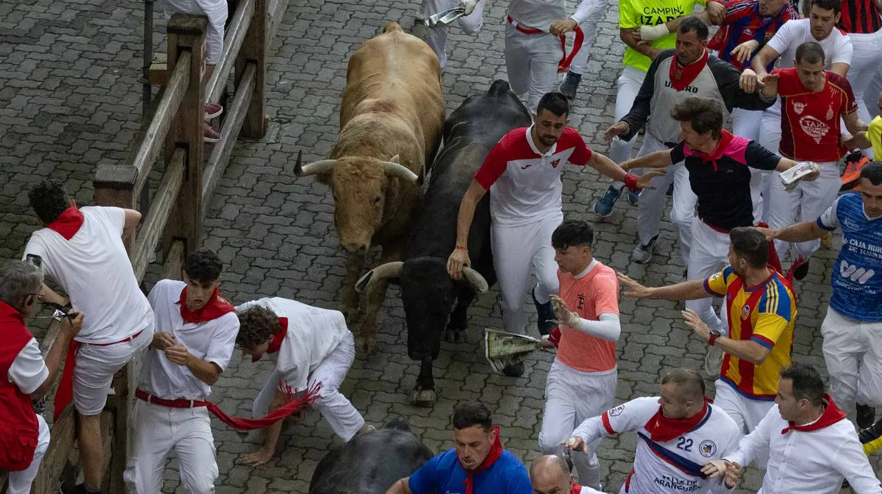 Quinto encierro de San Fermín con toros de Jandilla en bajada del callejón. Maite H. Mateo..-20