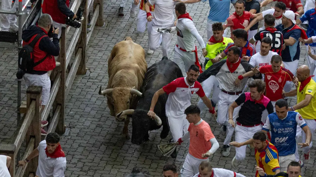 Quinto encierro de San Fermín con toros de Jandilla en bajada del callejón. Maite H. Mateo..-23