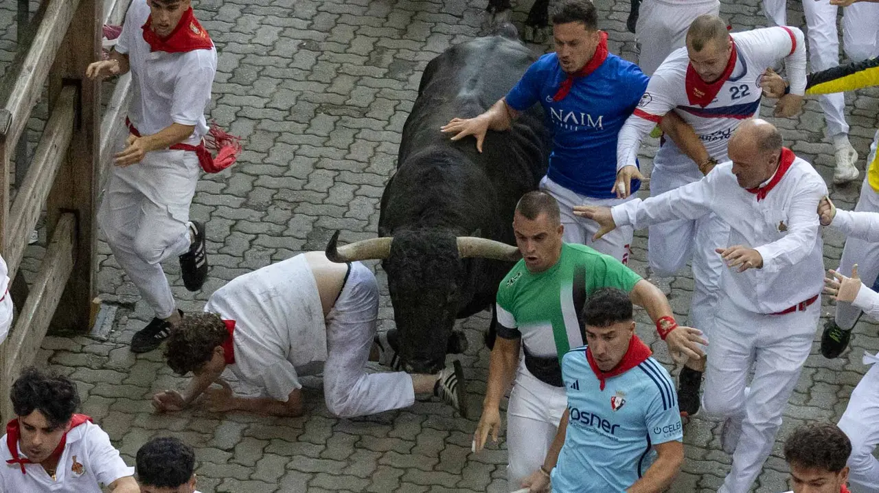 Quinto encierro de San Fermín con toros de Jandilla en bajada del callejón. Maite H. Mateo..-26