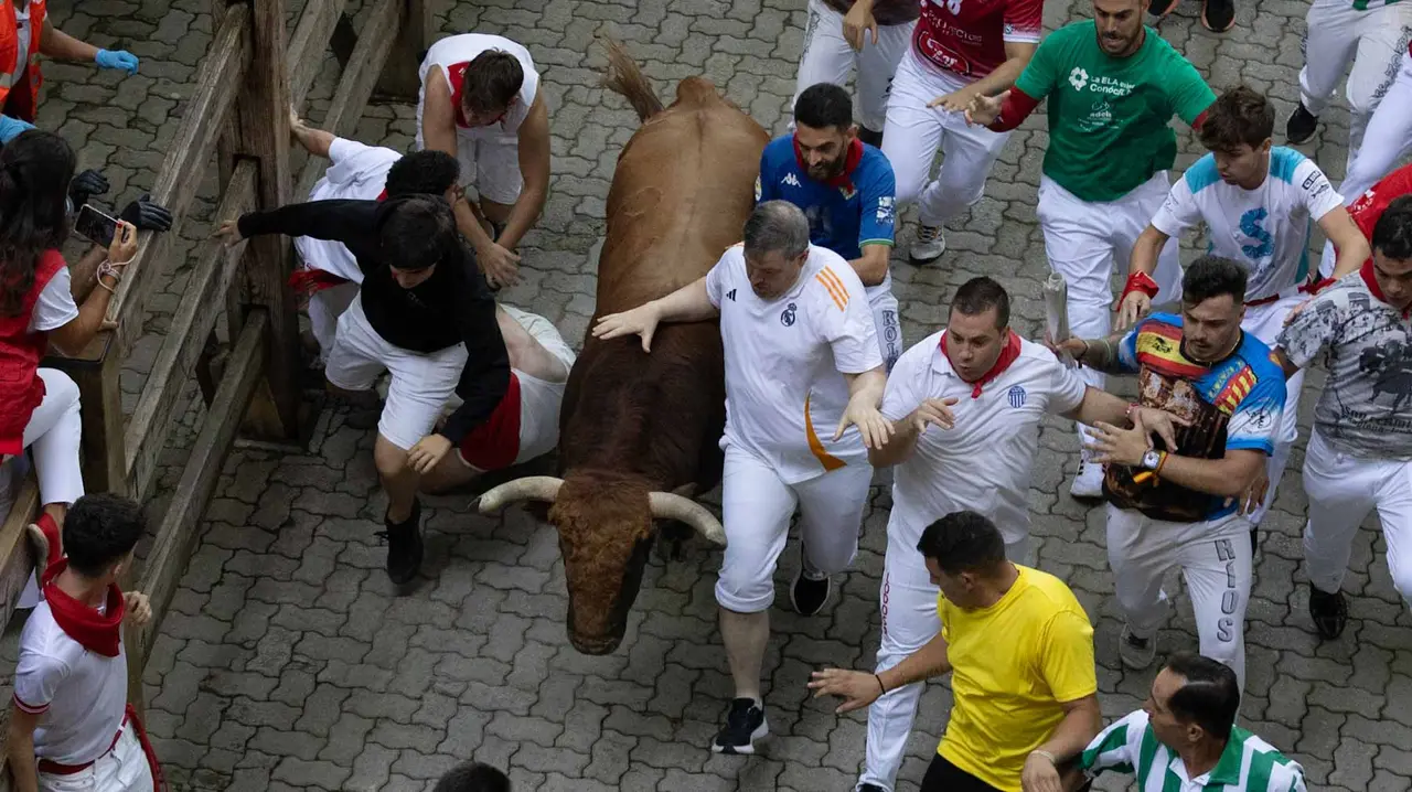 Quinto encierro de San Fermín con toros de Jandilla en bajada del callejón. Maite H. Mateo..-28