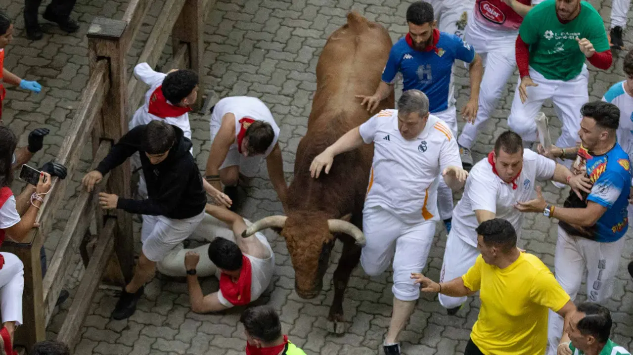 Quinto encierro de San Fermín con toros de Jandilla en bajada del callejón. Maite H. Mateo..-30