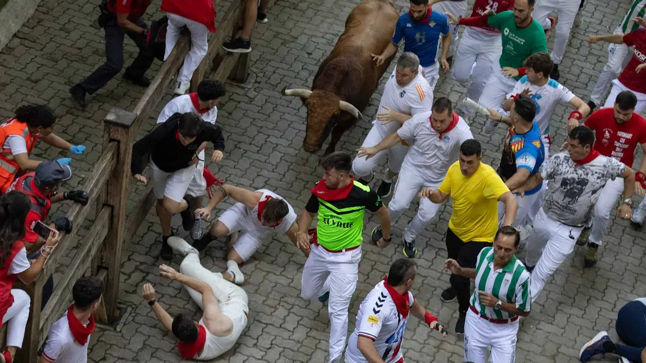 Quinto encierro de San Fermín con toros de Jandilla en bajada del callejón. Maite H. Mateo..-31