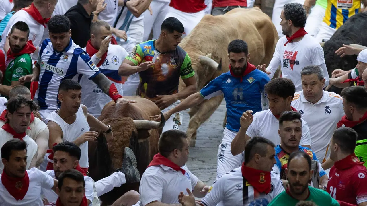 Quinto encierro de San Fermín con toros de Jandilla en bajada del callejón. Maite H. Mateo..-40