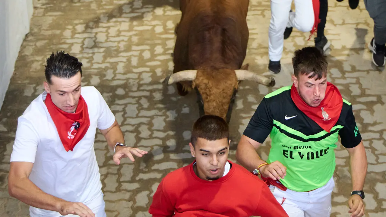 Quinto encierro de San Fermín 2025 con toros de la ganadería de Jandilla en el tramo del callejón y la entrada a la Plaza de Toros. IÑIGO ALZUGARAY