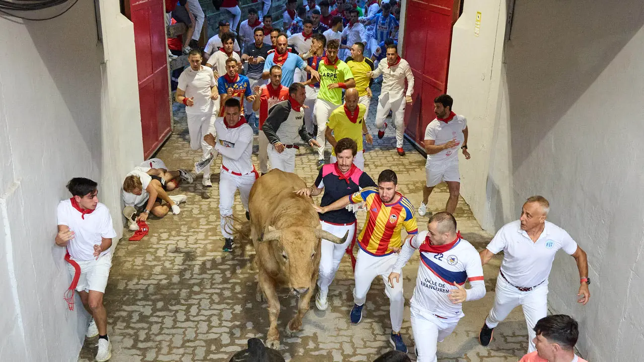 Quinto encierro de San Fermín 2025 con toros de la ganadería de Jandilla en el tramo del callejón y la entrada a la Plaza de Toros. IÑIGO ALZUGARAY