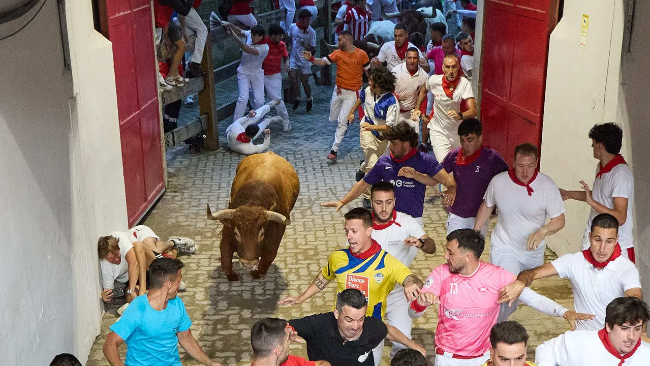 Quinto encierro de San Fermín 2025 con toros de la ganadería de Jandilla en el tramo del callejón y la entrada a la Plaza de Toros. IÑIGO ALZUGARAY