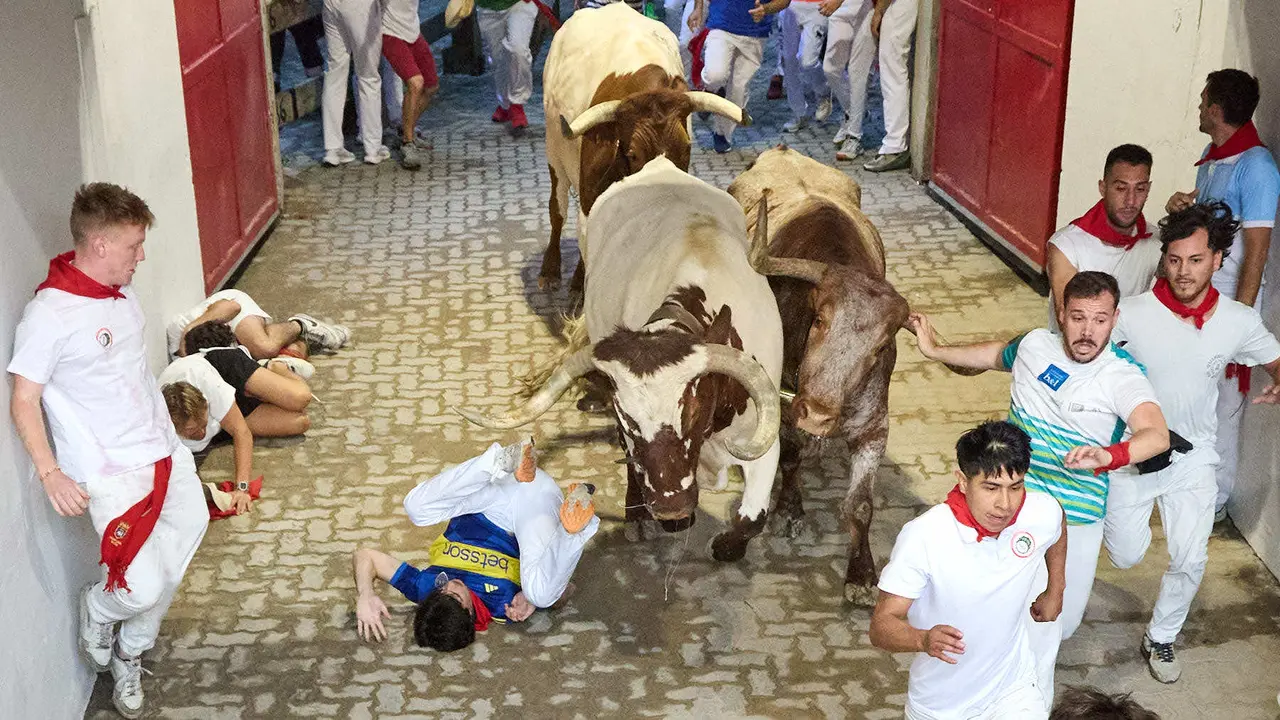 Quinto encierro de San Fermín 2025 con toros de la ganadería de Jandilla en el tramo del callejón y la entrada a la Plaza de Toros. IÑIGO ALZUGARAY