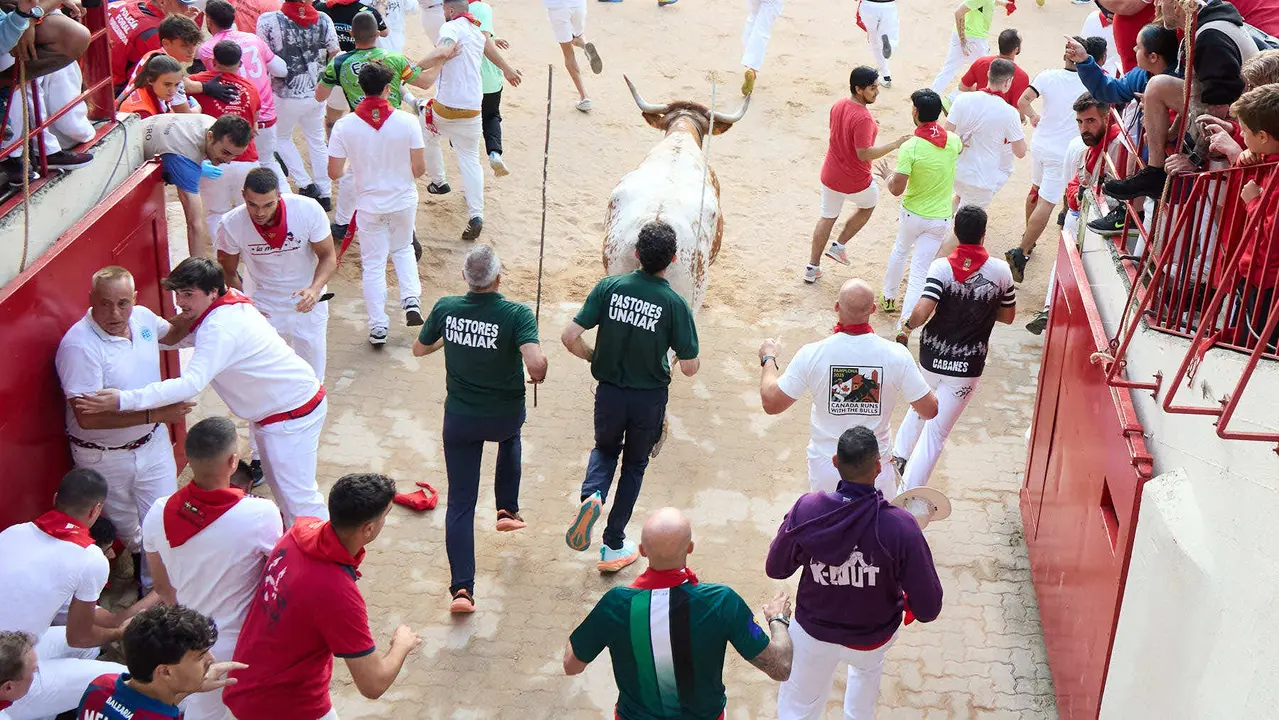 Quinto encierro de San Fermín 2025 con toros de la ganadería de Jandilla en el tramo del callejón y la entrada a la Plaza de Toros. IÑIGO ALZUGARAY