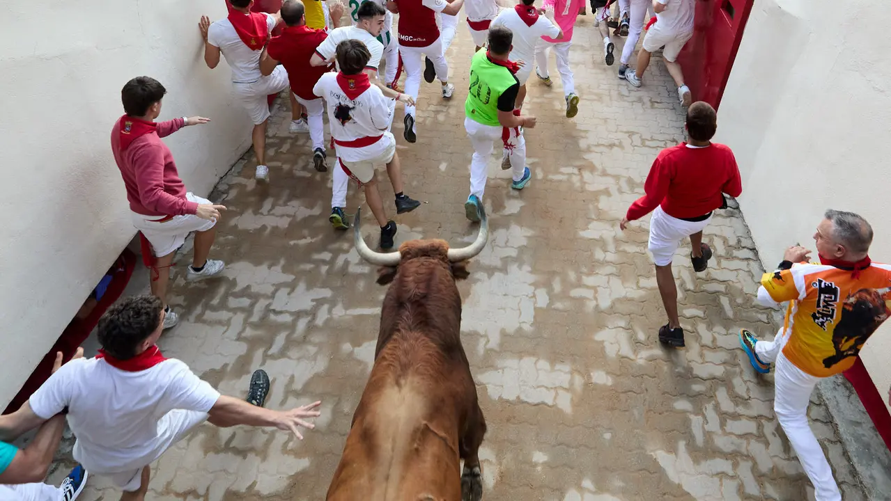 Quinto encierro de San Fermín 2025 con toros de la ganadería de Jandilla en el tramo del callejón y la entrada a la Plaza de Toros. IÑIGO ALZUGARAY
