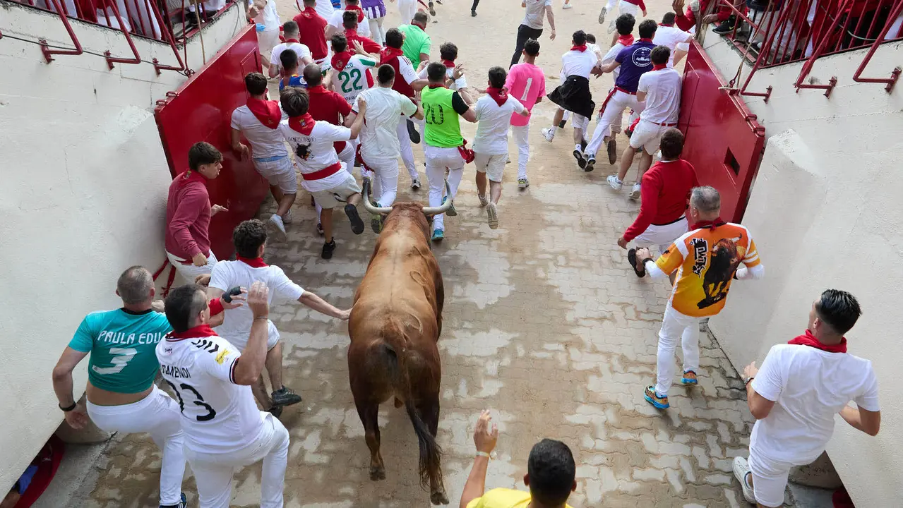 Quinto encierro de San Fermín 2025 con toros de la ganadería de Jandilla en el tramo del callejón y la entrada a la Plaza de Toros. IÑIGO ALZUGARAY