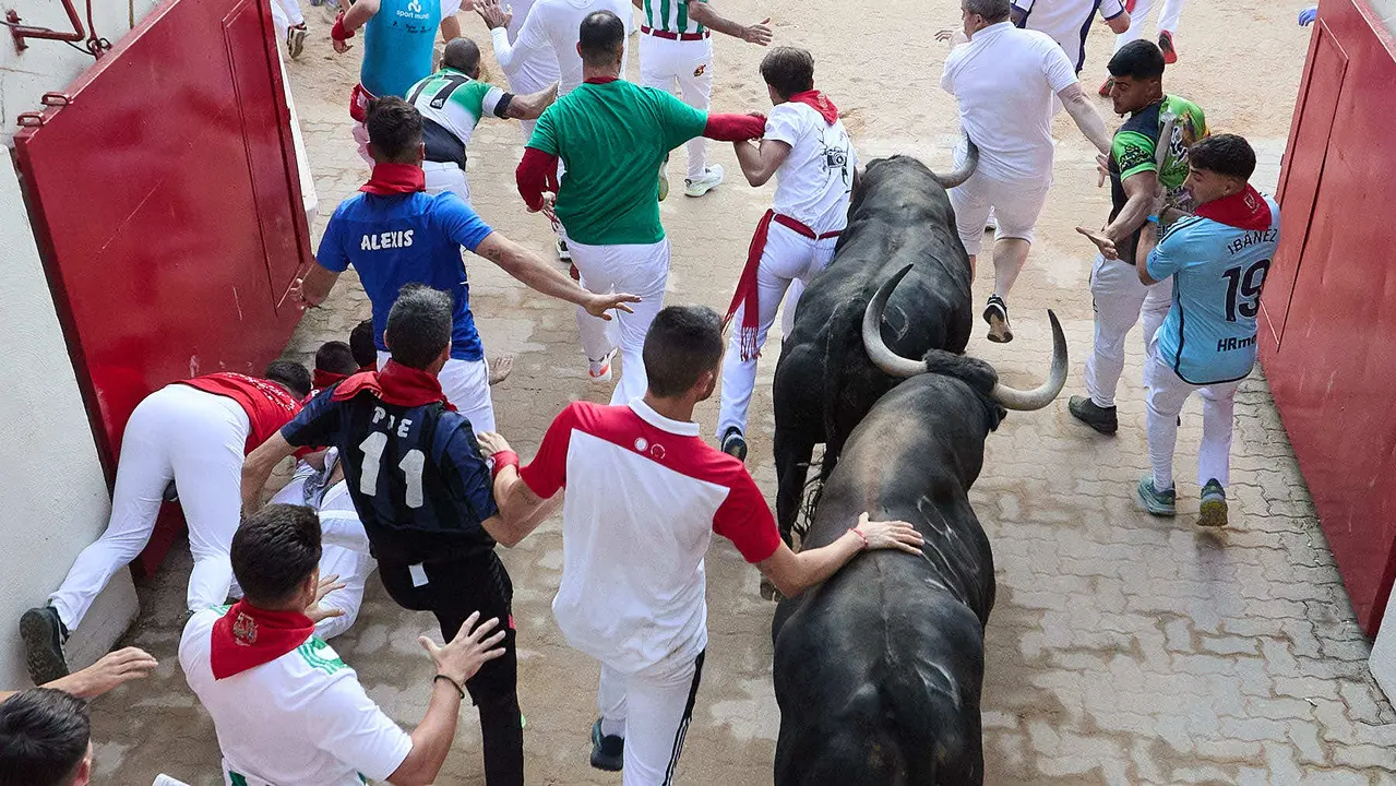 Quinto encierro de San Fermín 2025 con toros de la ganadería de Jandilla en el tramo del callejón y la entrada a la Plaza de Toros. IÑIGO ALZUGARAY