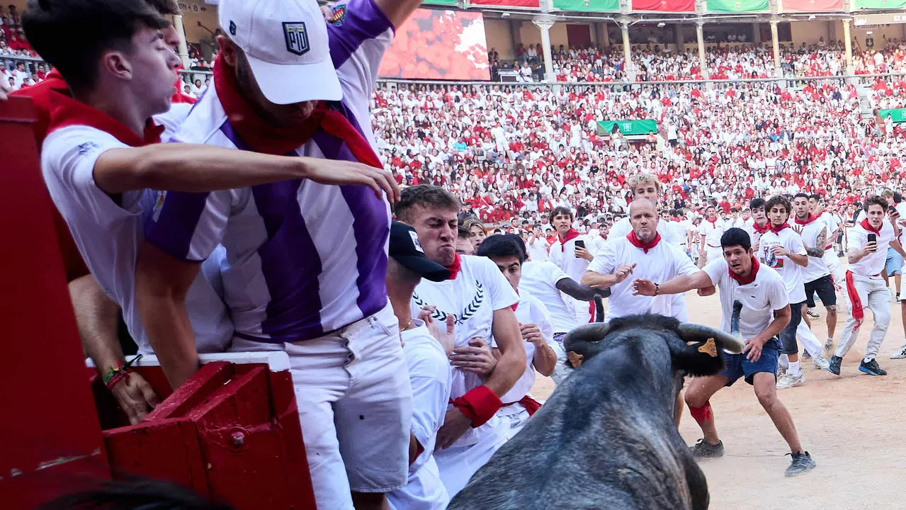 Quinto encierro de San Fermín 2025 con toros de la ganadería de Jandilla en el tramo del callejón y la entrada a la Plaza de Toros. IÑIGO ALZUGARAY