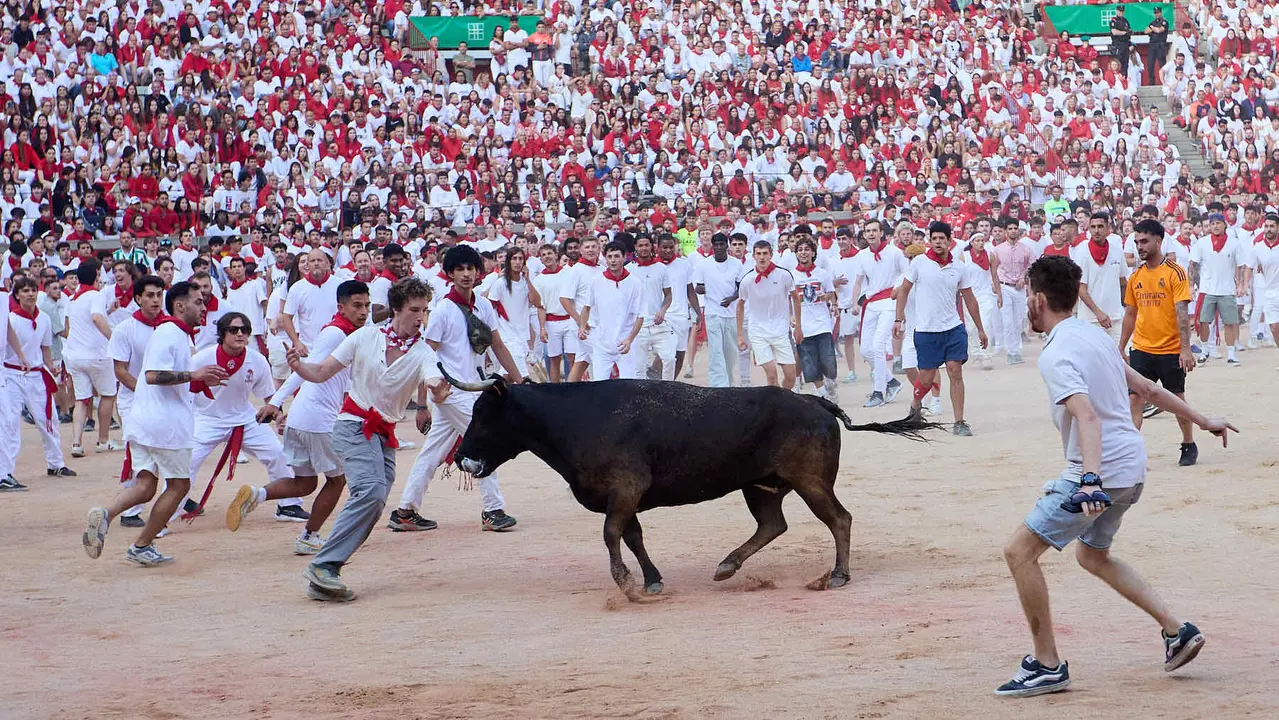 Quinto encierro de San Fermín 2025 con toros de la ganadería de Jandilla en el tramo del callejón y la entrada a la Plaza de Toros. IÑIGO ALZUGARAY