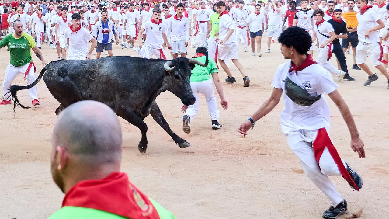 Quinto encierro de San Fermín 2025 con toros de la ganadería de Jandilla en el tramo del callejón y la entrada a la Plaza de Toros. IÑIGO ALZUGARAY