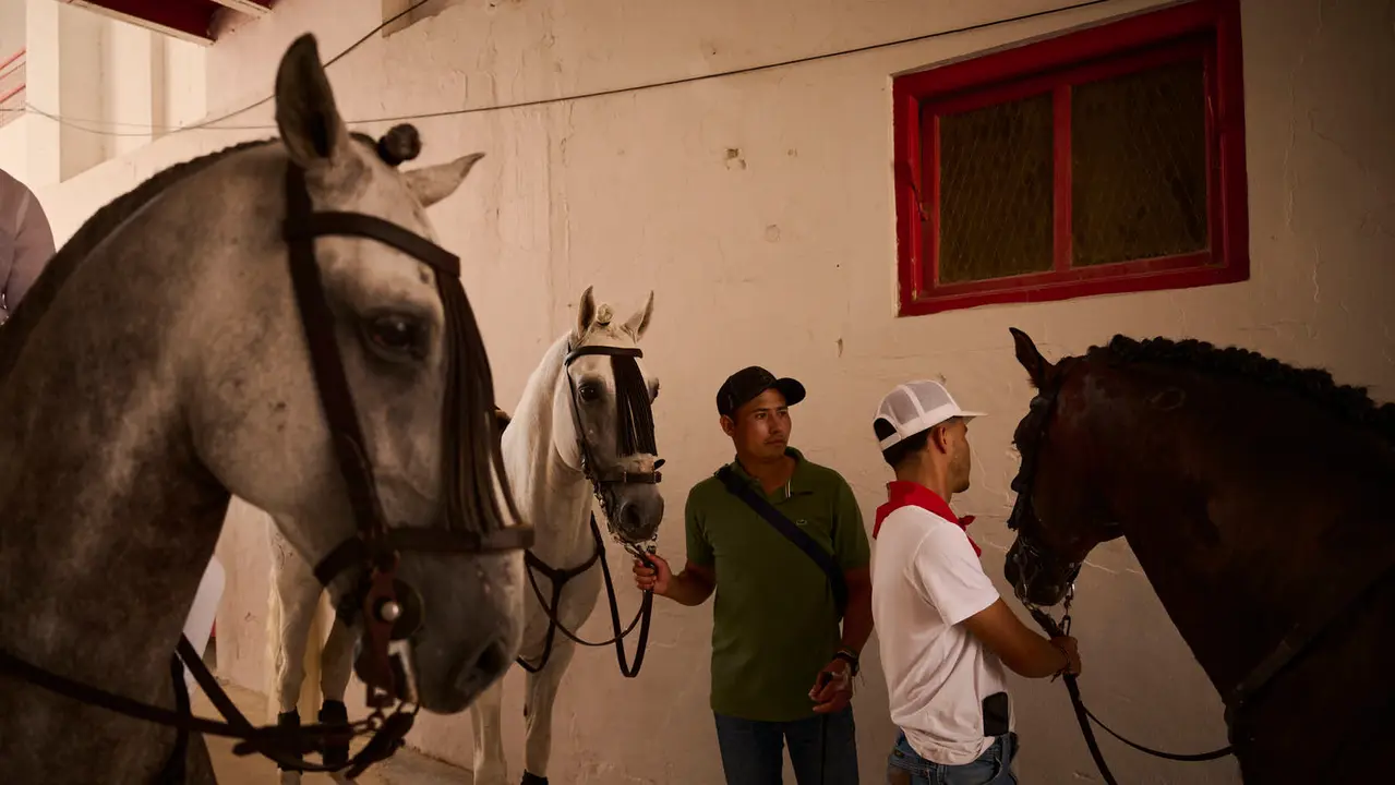 Mañana de Toros en Familia con la exhibición de rejoneo a cargo de Pablo Donat y exhibición de los recortadores Iker Monreal y Sergio Valle durante San Fermín 2025. PABLO LASAOSA