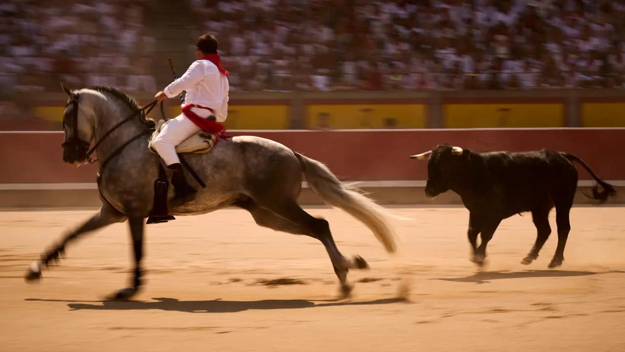 Mañana de Toros en Familia con la exhibición de rejoneo a cargo de Pablo Donat y exhibición de los recortadores Iker Monreal y Sergio Valle durante San Fermín 2025. PABLO LASAOSA