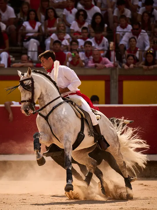 Mañana de Toros en Familia con la exhibición de rejoneo a cargo de Pablo Donat y exhibición de los recortadores Iker Monreal y Sergio Valle durante San Fermín 2025. PABLO LASAOSA