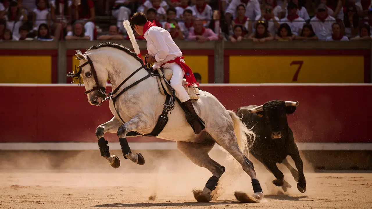 Mañana de Toros en Familia con la exhibición de rejoneo a cargo de Pablo Donat y exhibición de los recortadores Iker Monreal y Sergio Valle durante San Fermín 2025. PABLO LASAOSA