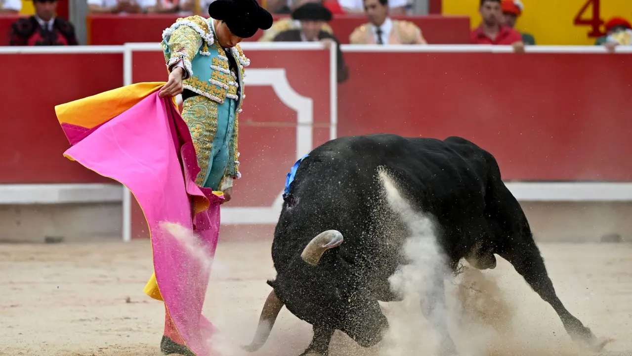 El torero Andrés Roca Rey recibe con el capote a su segundo toro de la tarde en la séptima de abono de la Feria de Toro de los Sanfermines 2025 con toros de la ganadería extremeña de Jandilla y en la que comparte cartel con los diestros Juan Ortega y Pablo Aguado. EFE/Daniel Fernández