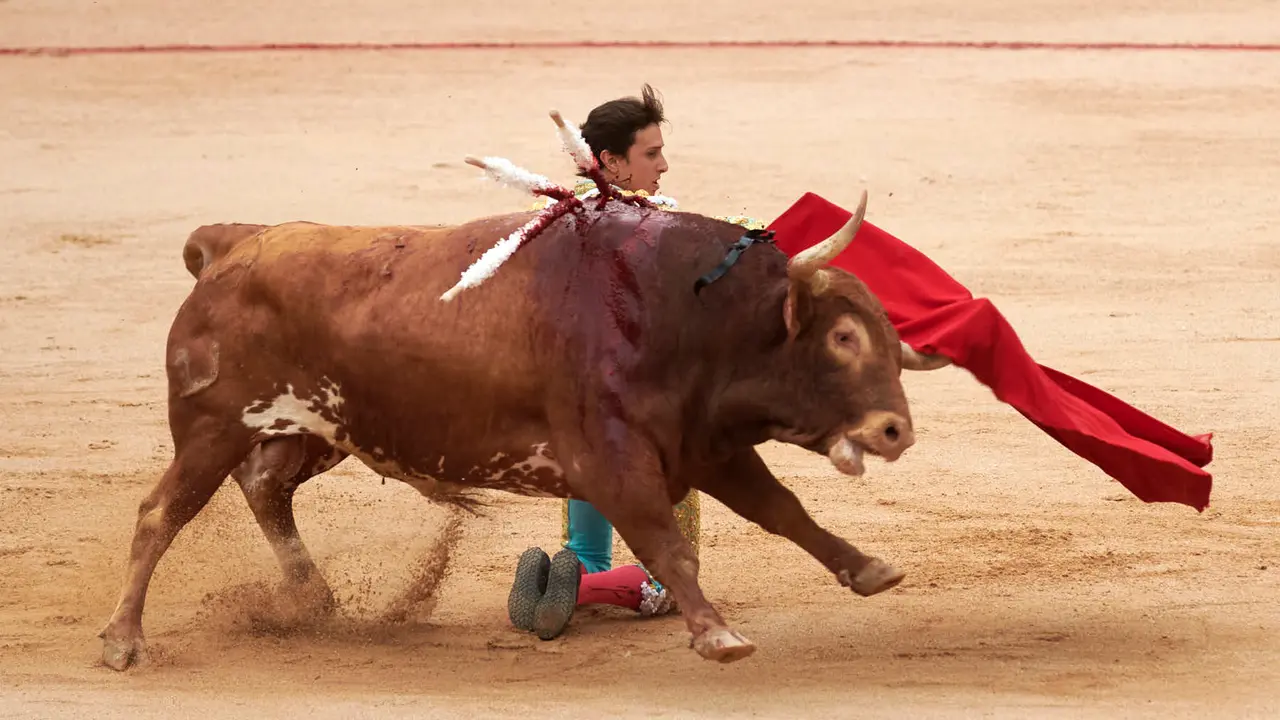 Quinta corrida de toros de la Feria de San Fermín con toros de Jandilla para Juan Ortega, Andrés Roca Rey y Pablo Aguado. IRANZU LARRASOAÑA