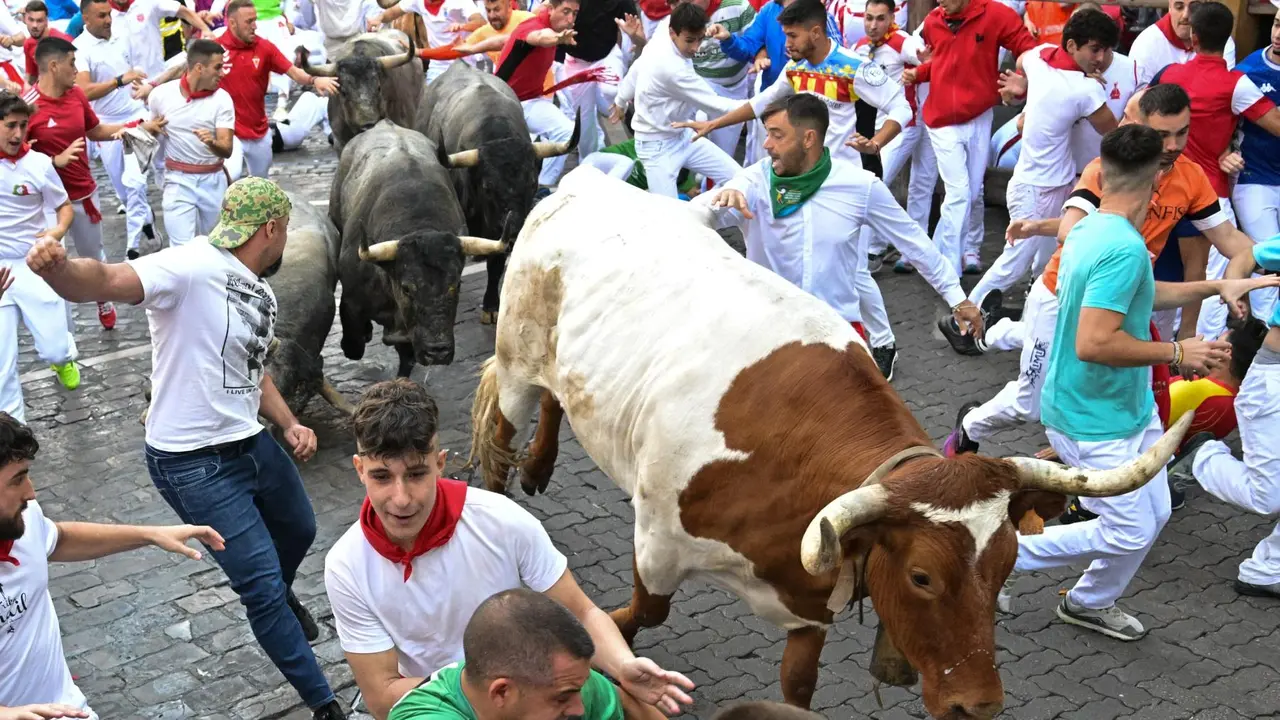 Sexto encierro de San Fermín 2025 el día 12 de julio con toros de José Escolar en Telefónica. EFE - DANIEL FERNÁNDEZ (4)