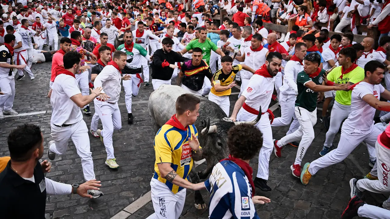 Sexto encierro de San Fermín 2025 con toros de José Escolar en la curva de Telefónica. PABLO LASAOSA