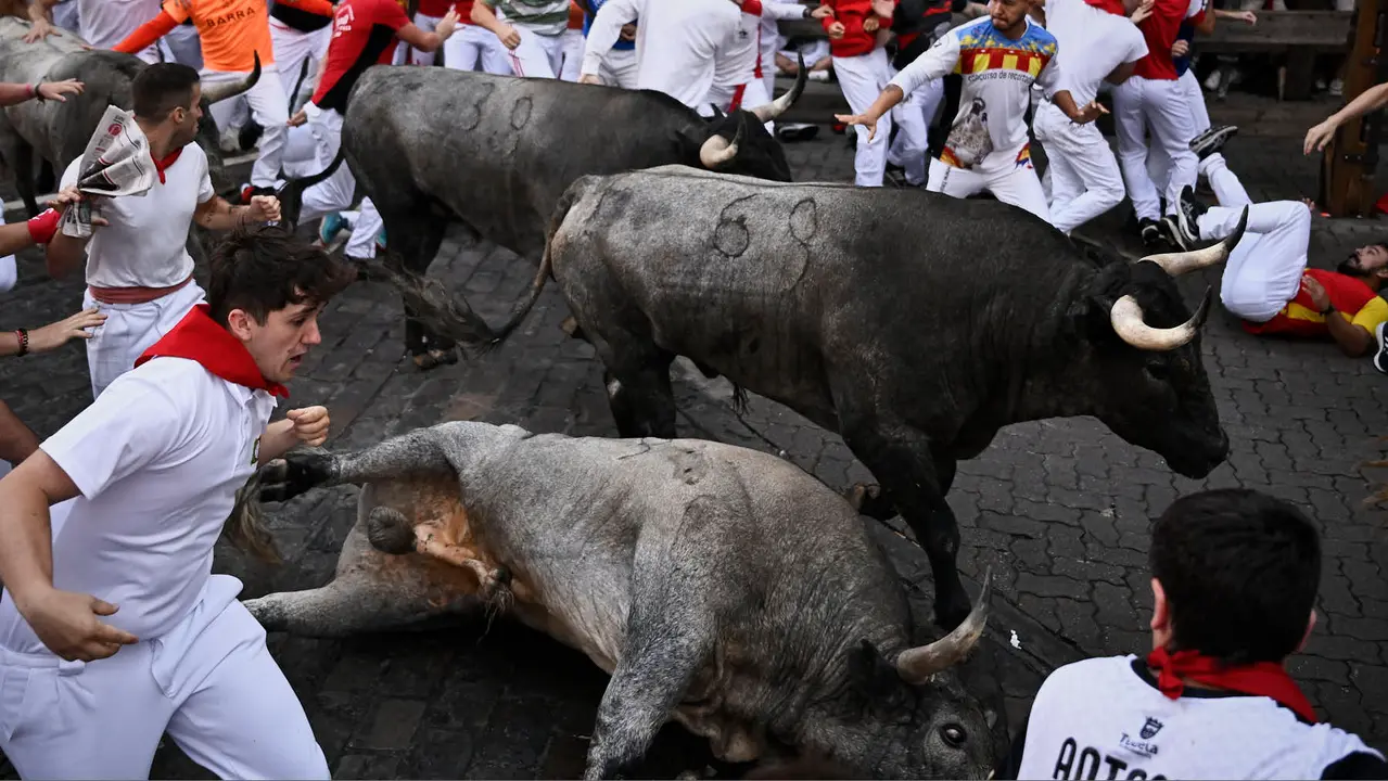 Sexto encierro de San Fermín 2025 con toros de José Escolar en la curva de Telefónica. PABLO LASAOSA