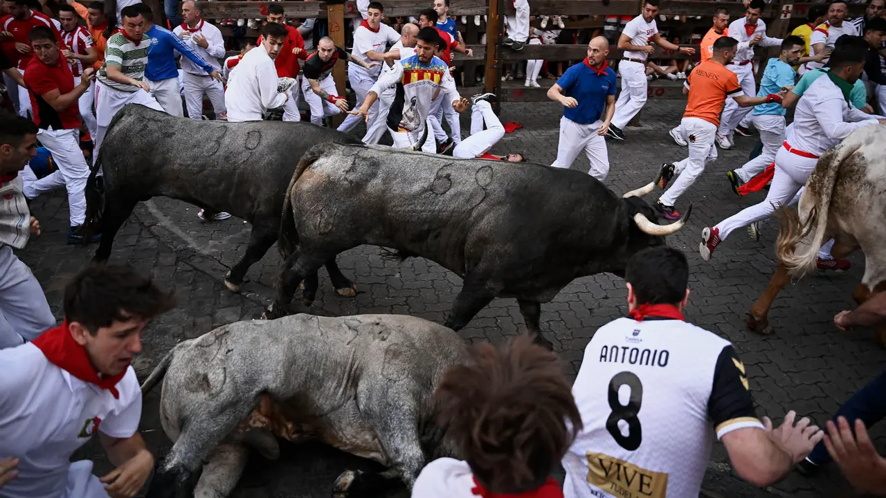 Sexto encierro de San Fermín 2025 con toros de José Escolar en la curva de Telefónica. PABLO LASAOSA