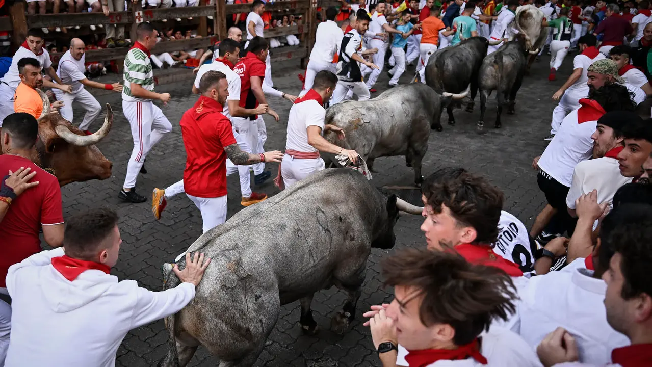 Sexto encierro de San Fermín 2025 con toros de José Escolar en la curva de Telefónica. PABLO LASAOSA