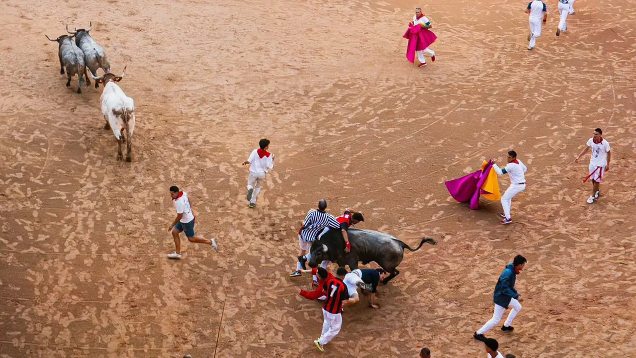 Sexto encierro de San Fermín con toros de José Escolar en la plaza de toros. CASA DE MISERICORDIA