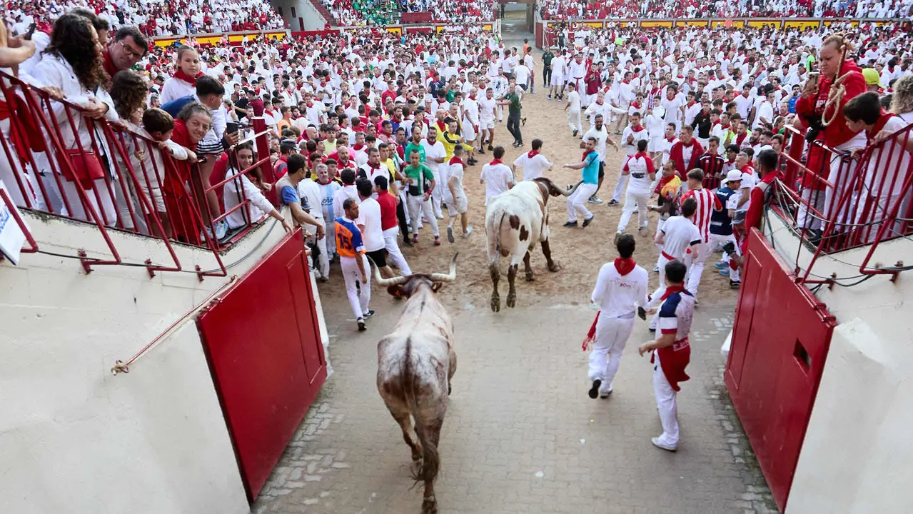 Sexto encierro de San Fermín 2025 con toros de la ganadería de José Escolar en el tramo del callejón y la entrada a la Plaza de Toros. IÑIGO ALZUGARAY