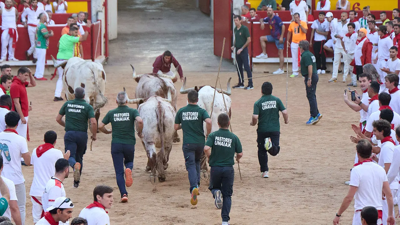 Sexto encierro de San Fermín 2025 con toros de la ganadería de José Escolar en el tramo del callejón y la entrada a la Plaza de Toros. IÑIGO ALZUGARAY