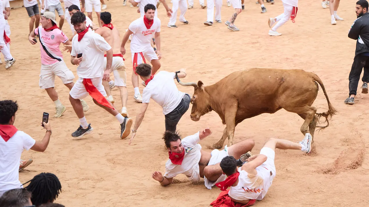Suelta de vaquillas en la Plaza de Toros de Pamplona tras el sexto encierro de San Fermín 2025 con toros de la ganadería de José Escolar. IÑIGO ALZUGARAY