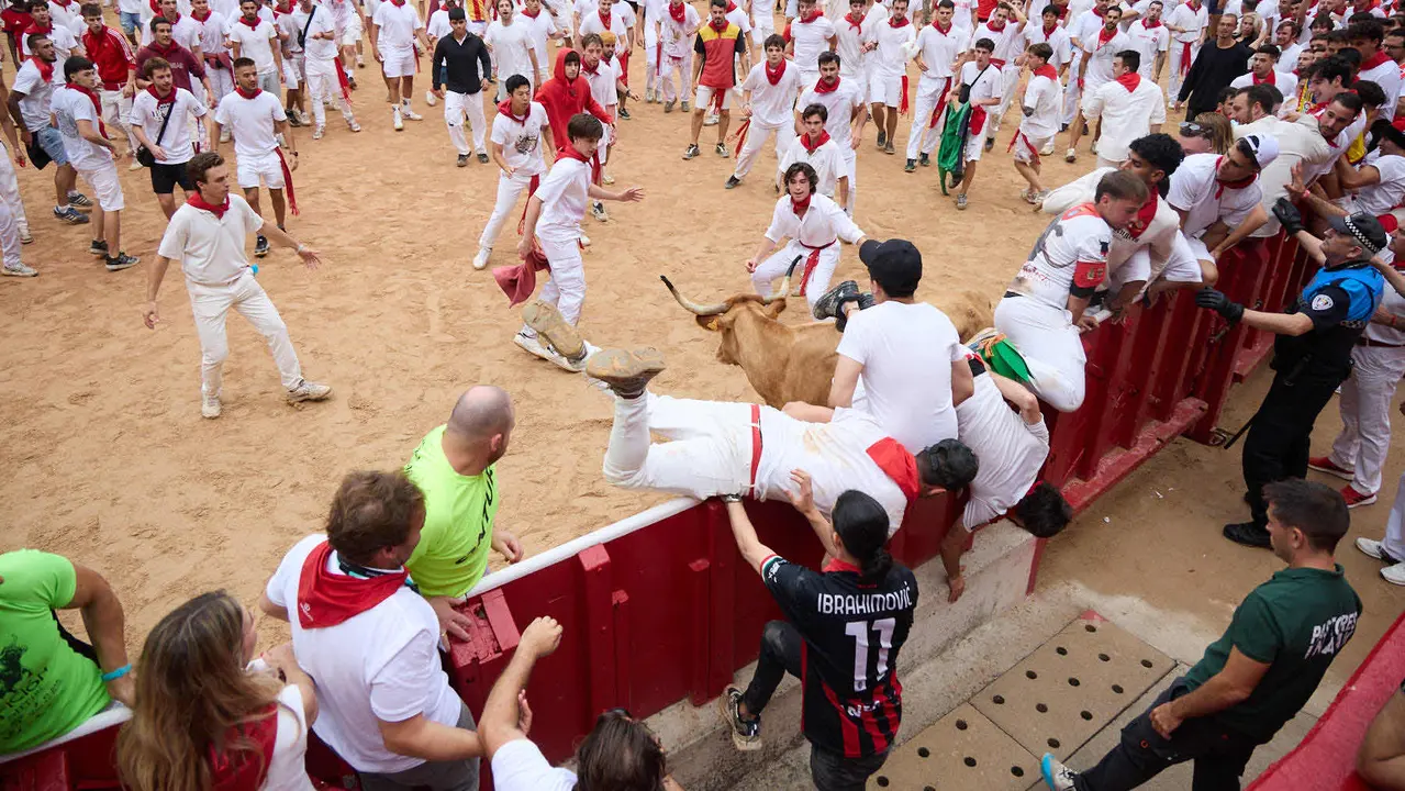 Suelta de vaquillas en la Plaza de Toros de Pamplona tras el sexto encierro de San Fermín 2025 con toros de la ganadería de José Escolar. IÑIGO ALZUGARAY
