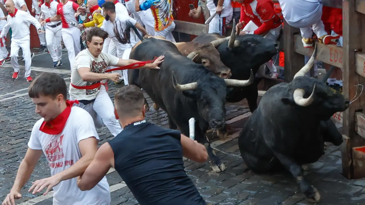 Séptimo encierro de San Fermín 2025 el día 13 de julio con toros de La Palmosilla en la curva de Mercaderes. EFE - JESÚS DIGES (1)