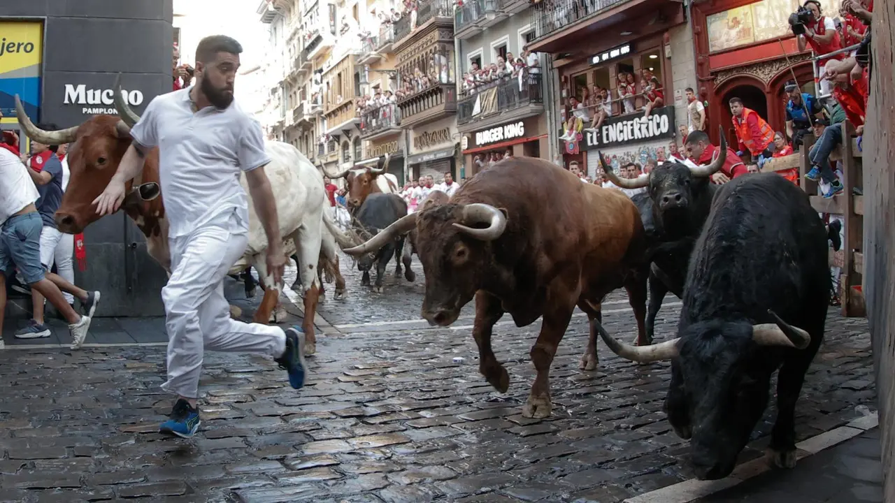 Séptimo encierro de San Fermín 2025 el día 13 de julio con toros de La Palmosilla en la curva de Mercaderes. EFE - JESÚS DIGES (4)