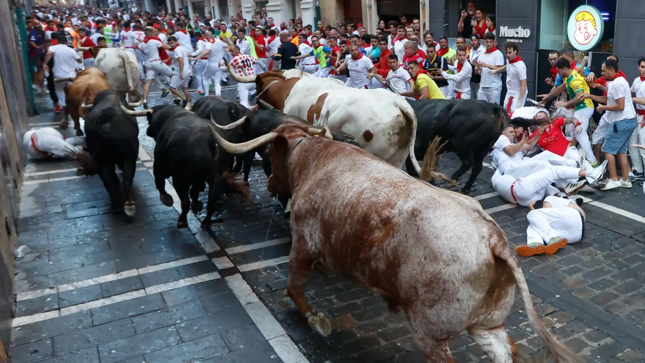 Séptimo encierro de San Fermín 2025 el día 13 de julio con toros de La Palmosilla en la curva de Mercaderes. EFE - JESÚS DIGES (6)