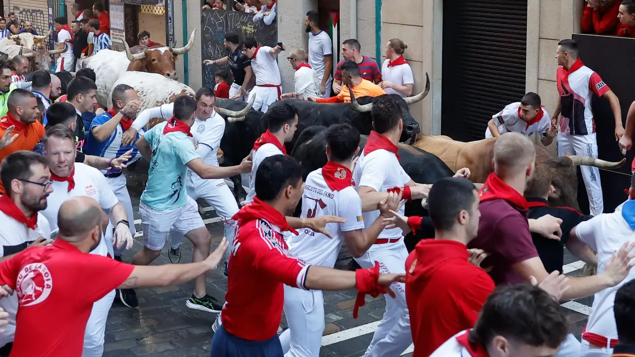 Séptimo encierro de San Fermín 2025 el día 13 de julio con toros de La Palmosilla en la curva de Mercaderes. EFE - JESÚS DIGES (7)