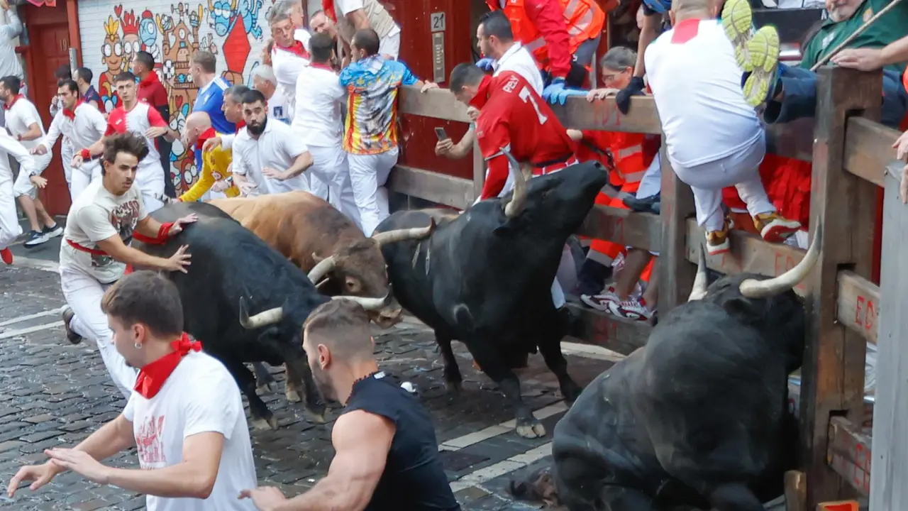 Séptimo encierro de San Fermín 2025 el día 13 de julio con toros de La Palmosilla en la curva de Mercaderes. EFE - JESÚS DIGES (9)