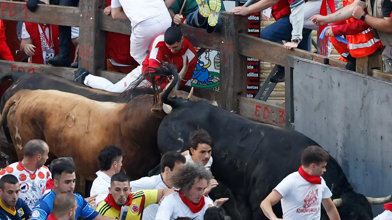 Séptimo encierro de San Fermín 2025 el día 13 de julio con toros de La Palmosilla en la curva de Mercaderes. EFE - JESÚS DIGES (12)