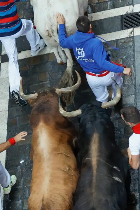 Séptimo encierro de San Fermín 2025 el día 13 de julio con toros de La Palmosilla en Estafeta. EFE - VILLAR LÓPEZ (4)