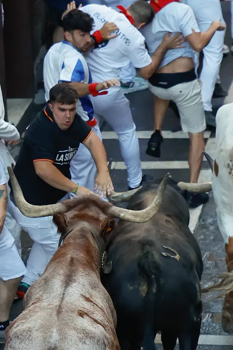 Séptimo encierro de San Fermín 2025 el día 13 de julio con toros de La Palmosilla en Estafeta. EFE - VILLAR LÓPEZ (6)