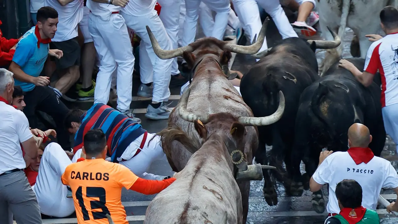 Séptimo encierro de San Fermín 2025 el día 13 de julio con toros de La Palmosilla en Estafeta. EFE - VILLAR LÓPEZ (9)