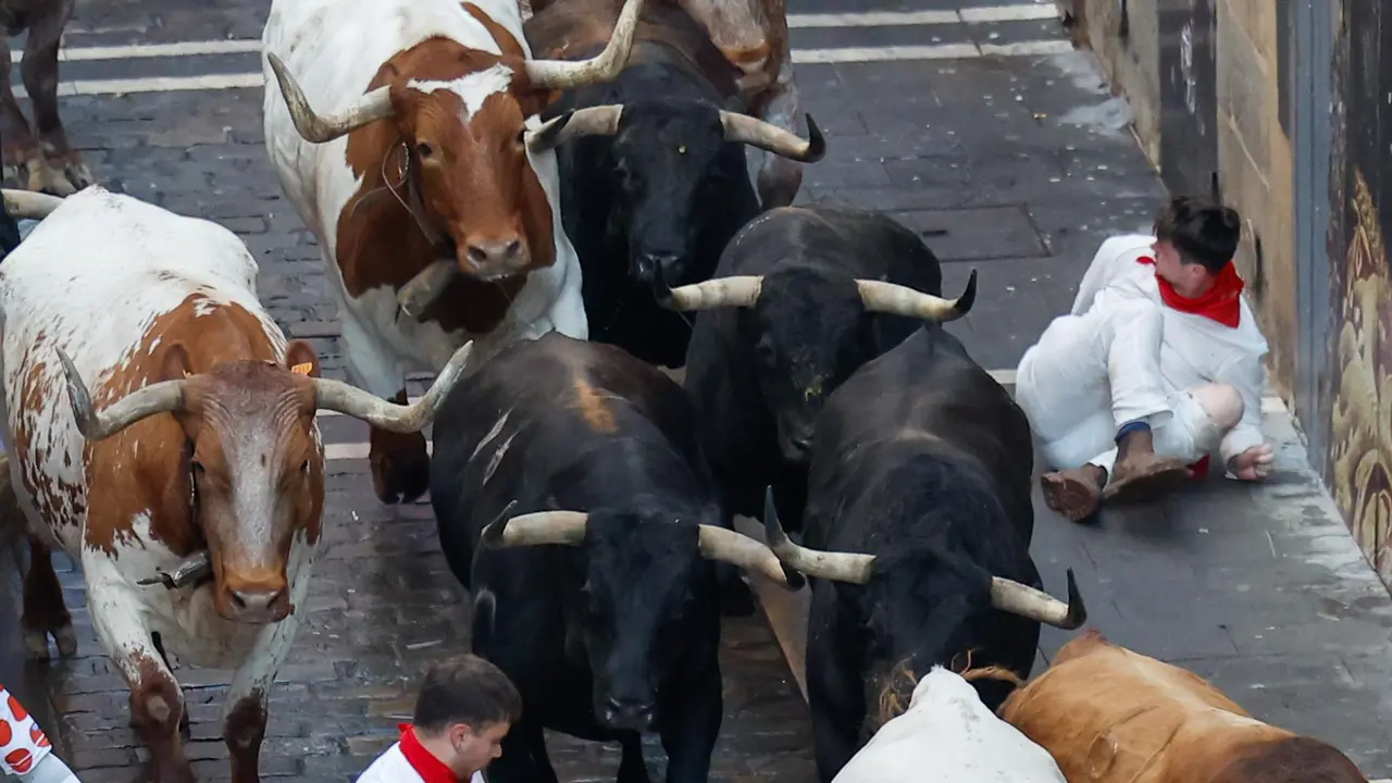 Séptimo encierro de San Fermín 2025 el día 13 de julio con toros de La Palmosilla en Estafeta. EFE - VILLAR LÓPEZ (7)