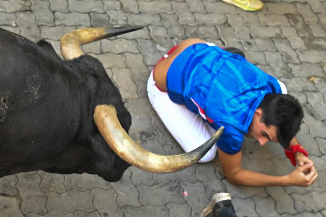Séptimo encierro de San Fermín 2025 el día 13 de julio con toros de La Palmosilla en Telefónica. EFE - DANIEL FERNÁNDEZ