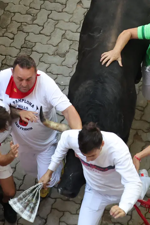 Séptimo encierro de San Fermín 2025 el día 13 de julio con toros de La Palmosilla en la bajada al callejón. EFE - J.P. URDIROZ (1)