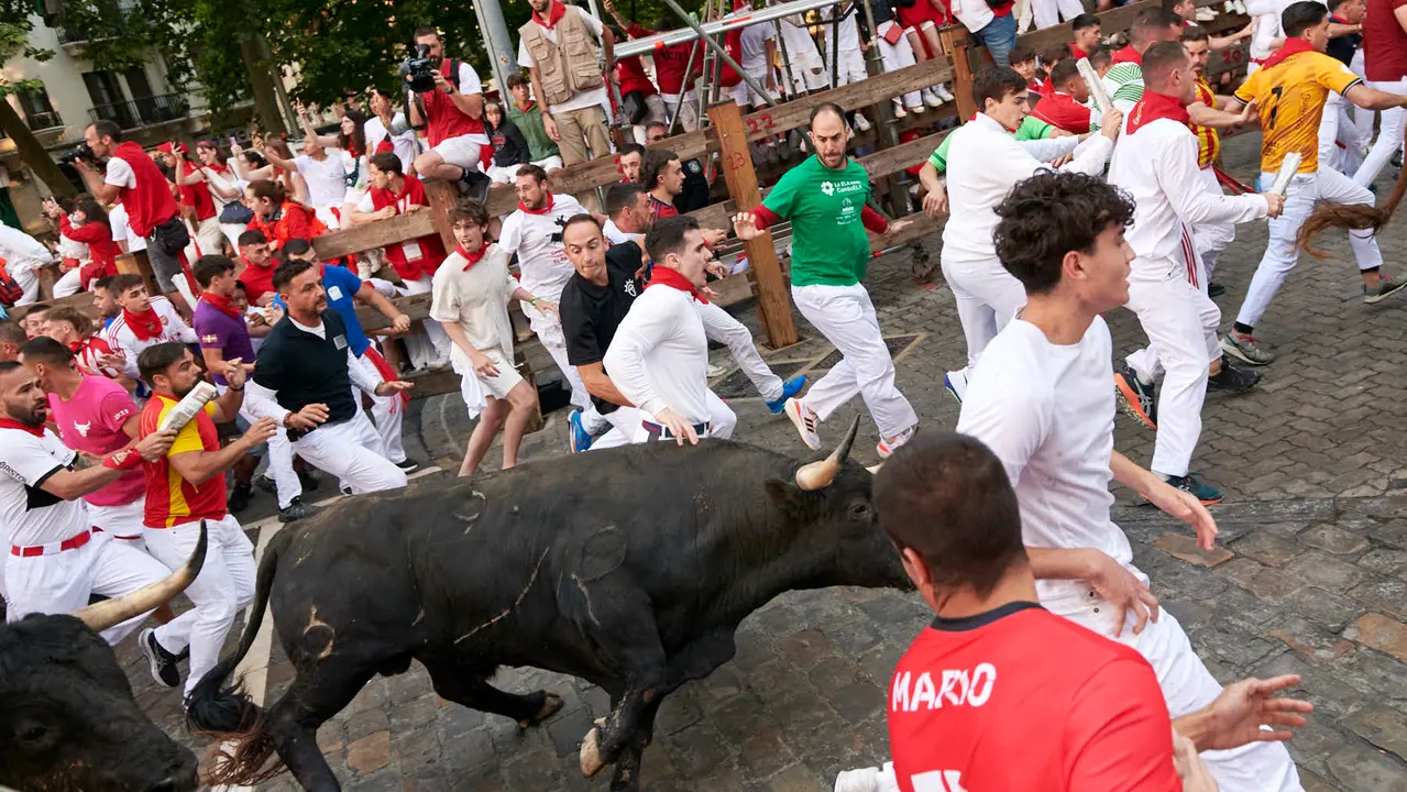 Séptimo encierro de San Fermín 2025 con toros de La Palmosilla desde Telefónica. IRANZU LARRASOAÑA