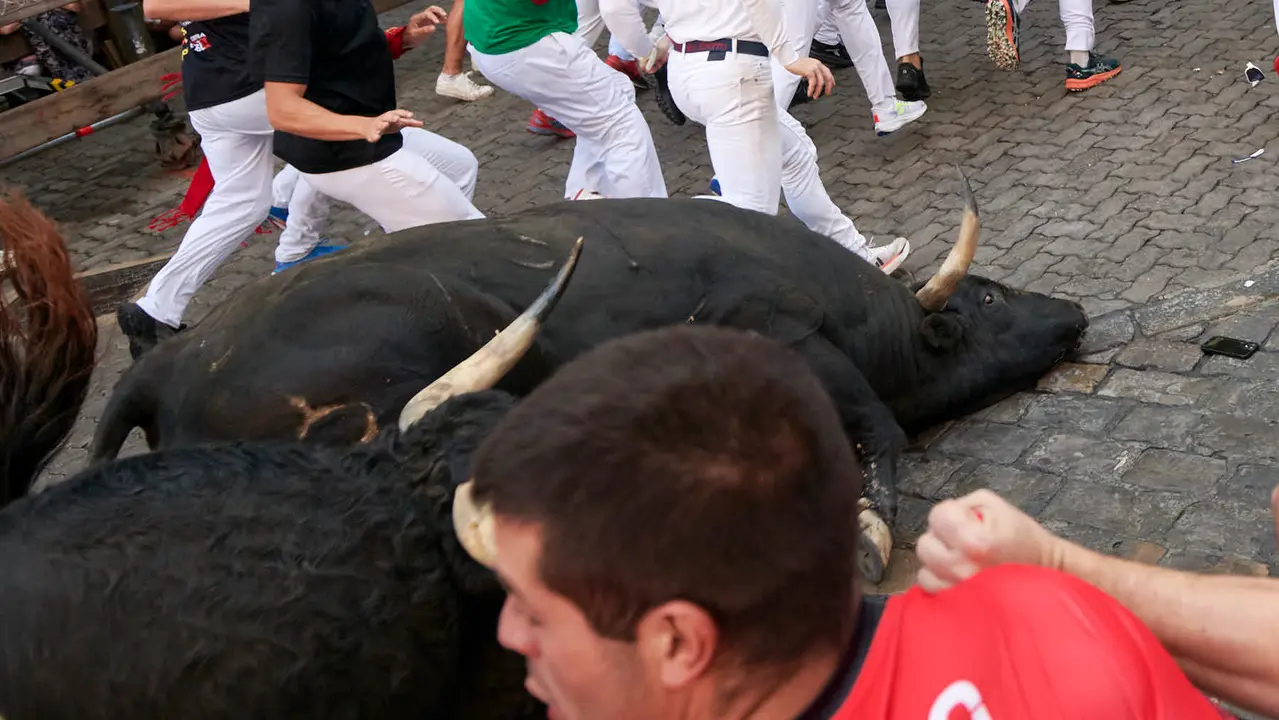 Séptimo encierro de San Fermín 2025 con toros de La Palmosilla desde Telefónica. IRANZU LARRASOAÑA