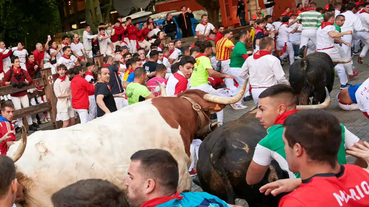 Séptimo encierro de San Fermín 2025 con toros de La Palmosilla desde Telefónica. IRANZU LARRASOAÑA